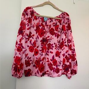 CeCe Pink Blouse with Red Floral Print
